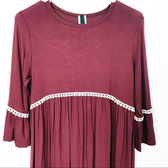 Lovely Souls Wine Red Bell Sleeve Tunic Top Contrast Boho Crochet Trim Small - Picture 2 of 8